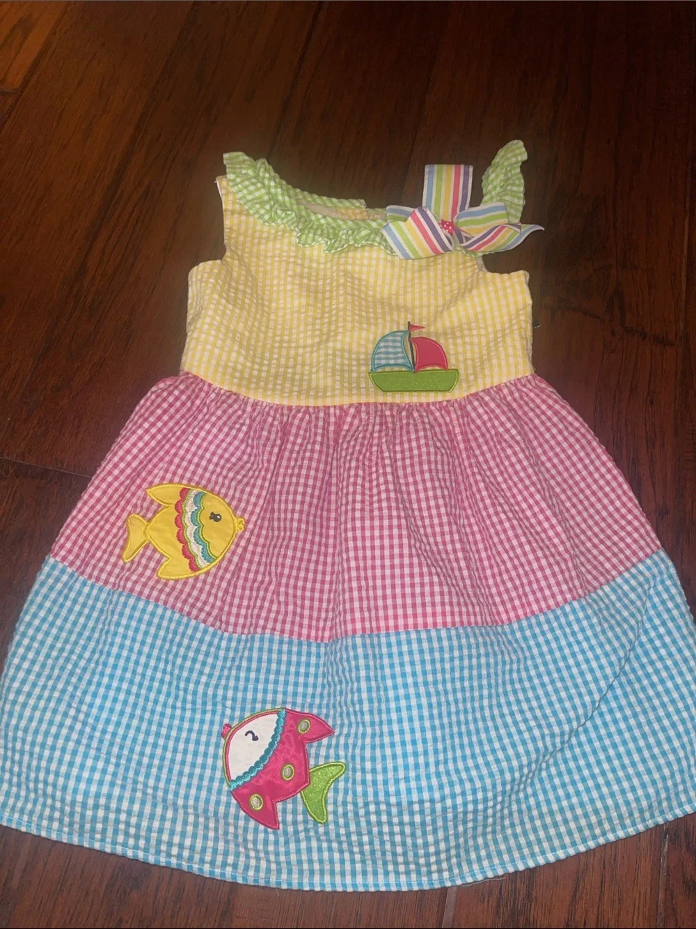 SEERSUCKER Rare Editions Yellow Pink Blue Gingham Appliqué Sundress